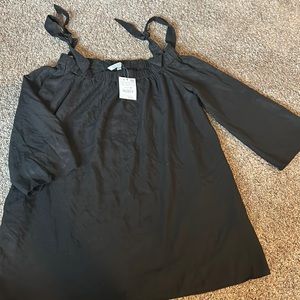 Zara Basic Denim Women’s NEW Black Off Shoulder Top with Shoulder Tie Sz Large
